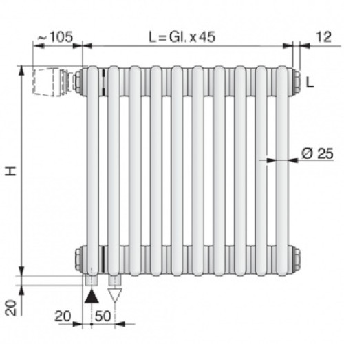 Стальной трубчатый радиатор 3-колончатый Arbonia 3220/08 N69 твв RAL 9016