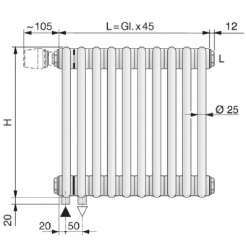 Стальной трубчатый радиатор 3-колончатый Arbonia 3220/07 N69 твв RAL 9016